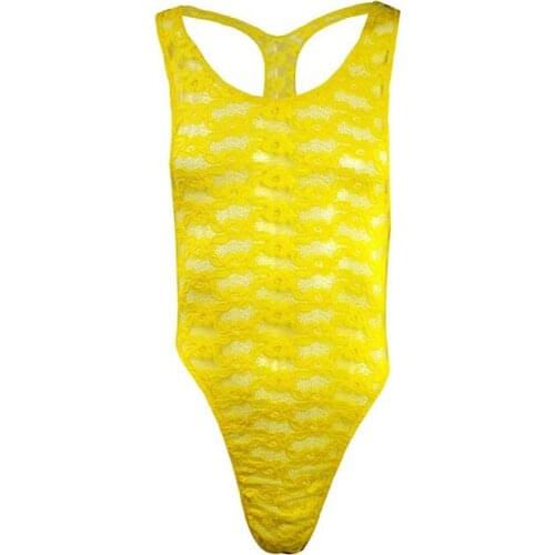 Sexy Men Lingerie One-piece Floral Lace Semi See-through Bodysuit Underwear Sleeveless High Cut Jumpsuit Costume bodysuit men