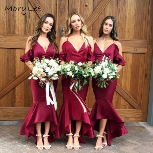 Sexy Bridesmaid Dresses Burgund V-Neck Spaghetti Straps Hi-Lo Silk Satin Wedding Party Bridemaid Dresses