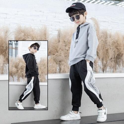 2021 Boys Spring And Autumn Fashion Hooded Pullover + Sports Pants Boys Casual Sports Suit Fashion Letter Printing Loose Wear