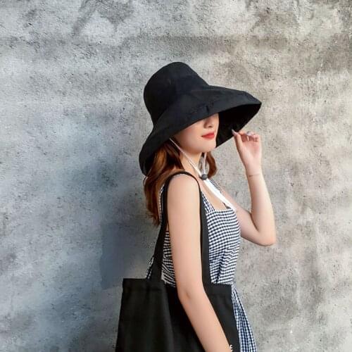 Spring Womens Wide Brim Bucket Hat Black Solid Adjustable Fisheman Hats Cap Female Summer Outdoor Hiking UV Protection Hat