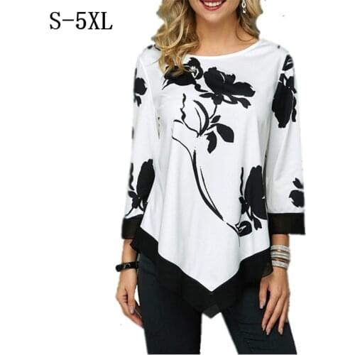 2020 Spring New Flower Print O Neck Seven-quarter Sleeve T Shirt Women Clothes Casual Loose Asymmetrical Hem Tee Plus Size S-5XL