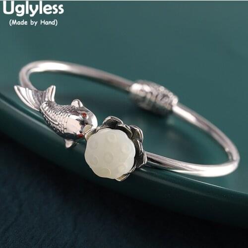 Uglyless Carp Fish Playing Lotus 925 Silver Bangles for Women Natural Jade Lotus Open Bangle Handmade Fish Animals Retro Jewelry
