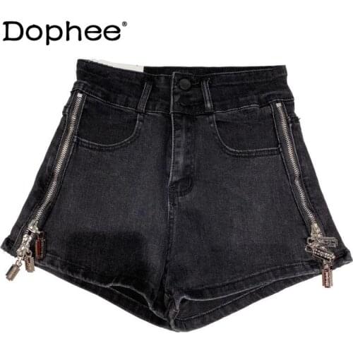 2021 Spring and Summer Fashion Short Pants New Side Zipper Design Punk Denim Shorts for Women Black and Blue Straight Trousers