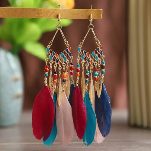 Womens Boho Long Feather Tassel Earrings Indian Jhumka Jewelry Vintage Gold Leaf Color Beads Dangle Earrings Hangers Kolczyki