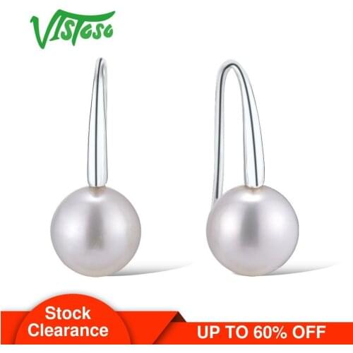 VISTOSO Earring For Women Authentic 14K 585 Yellow Gold Elegant shining Fresh Water White Pearl Unique Trendy Fine Jewelry
