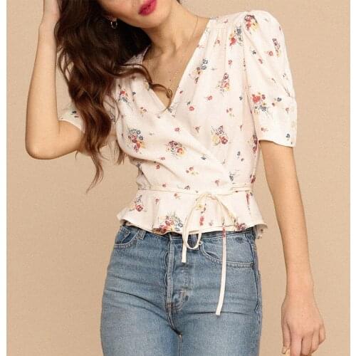 Womens Tops And Blouses 2021 Summer Button Short Sleeve V Neck Waist Tie Wrap Blouse Ruffle Hem Elegant Vintage Floral Print Top