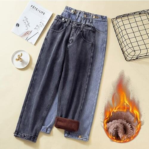 Women Winter Fleece Boyfriend Jeans for Plus Size 5XL Casual Elastic Waist velvet Jeans Mom Warm Loose Denim Pants Trousers