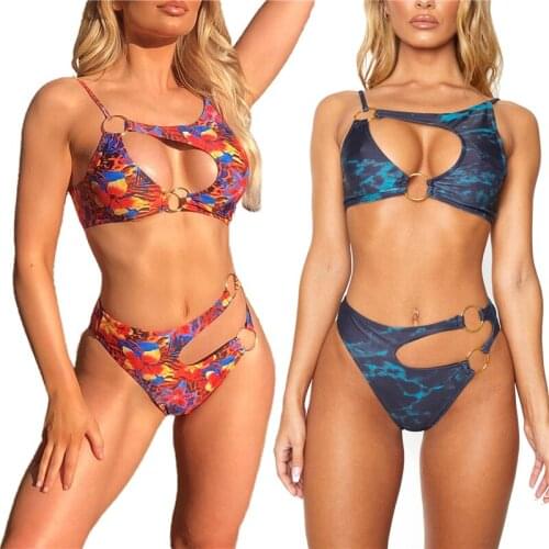 Female Bikini Set Tie-Dye Print Two-Piece Bathing Suit U-Neck Spaghetti Strap Tops+ Panties Navy/Red Salidas De Playa Para Mujer