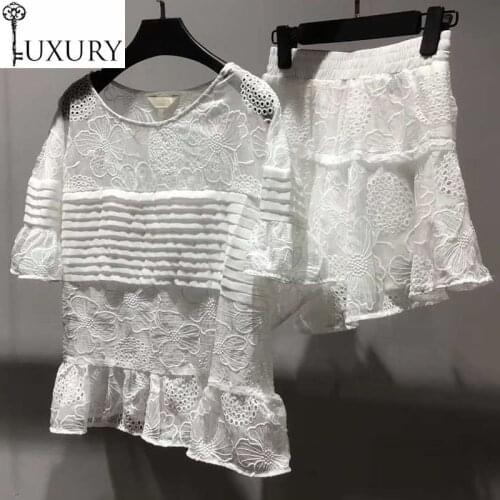 Quality Short Suits High 2020 Summer Casual 2 Piece Set Women Exquisite Embroidery Tops Blouse+White Black Basic Shorts Sets