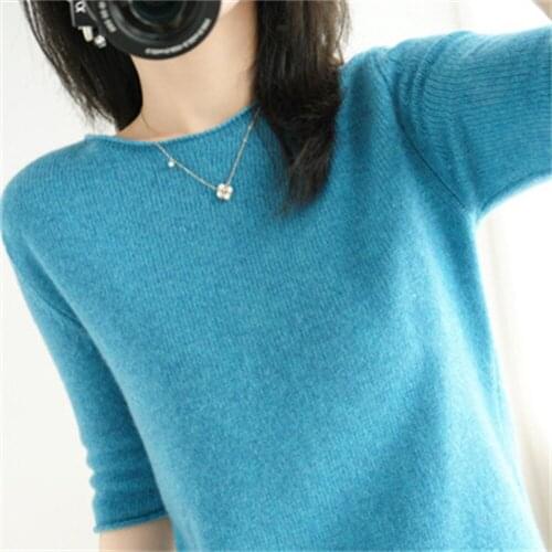 2021 Women Short Sleeves Solid Curling O-neck Knitted Top Stylish Casual Pullover Jumper Elastic Jacket Ladies Sweaters H693