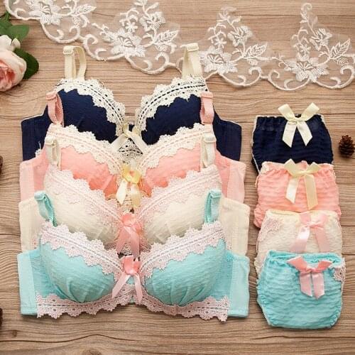 Fatimu Girls Lovely Lace Underwear Suit Push Up Bra Sets Lingerie Solid Push Up Bras Underwear Gather Lolita Style 3/4 Cup