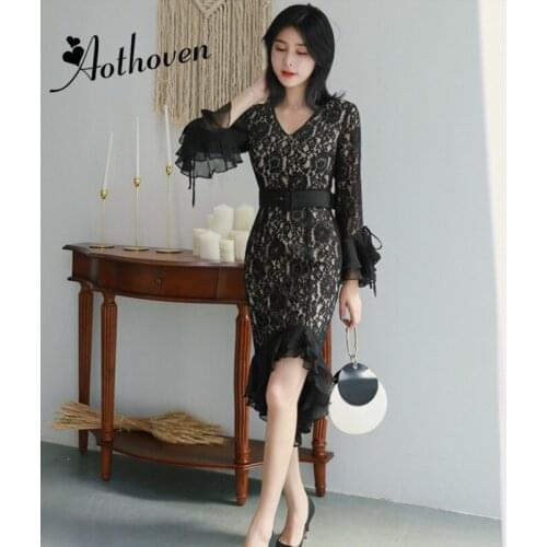 2018 Autumn Patchwork Mermaid Lace Dress Women Full Flare Sleeve V Neck Vintage Wrap Dress Elegant Wedding Party Dresses Vestido