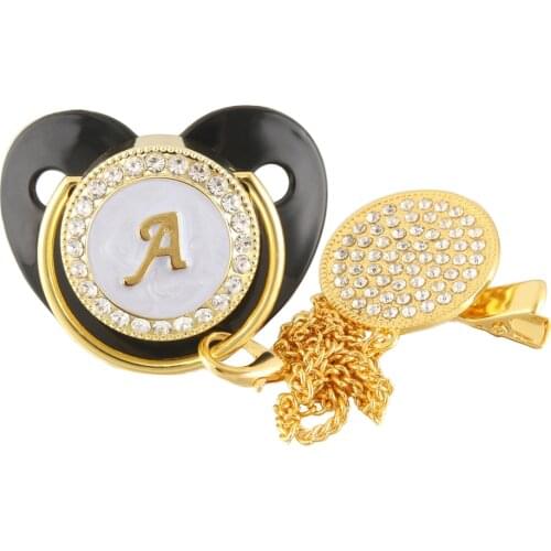 26 Name Initials Letter Bling Rhinestone Black Baby Pacifier Chain Clip/ Nipples /Dummy /Cocka /Chupeta Infant Shower Gift