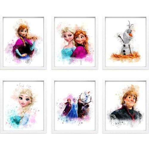 Disney Frozen Princess Watercolor Wall Art Posters and Prints Abstract Girl Paintings on the Wall Pictures For Kids Room Decor