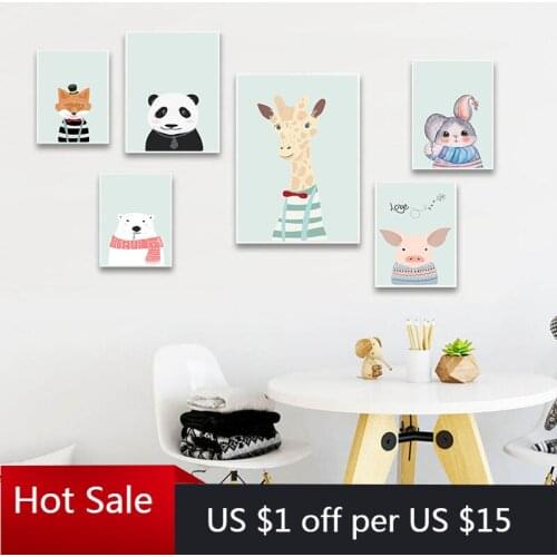 Animal Cartoon Picture Giraffe Squirrel Rabbit Nursery Children Poster Canvas Painting Wall Decor Art Print Nordic Baby Room Dec
