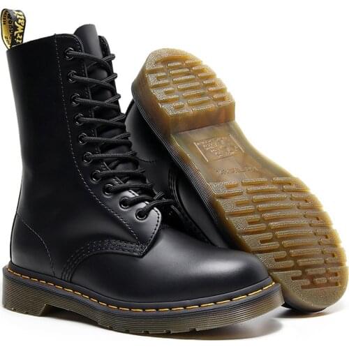 Leather high top womens boots 10 hole classic Martin boots womens British outdoor black motorcycle boots Botas de mujer