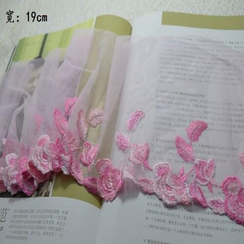 19cm width-2yards/lot Pink flowers white gauze Embroidery DIY lace trim for garments and wedding decoration