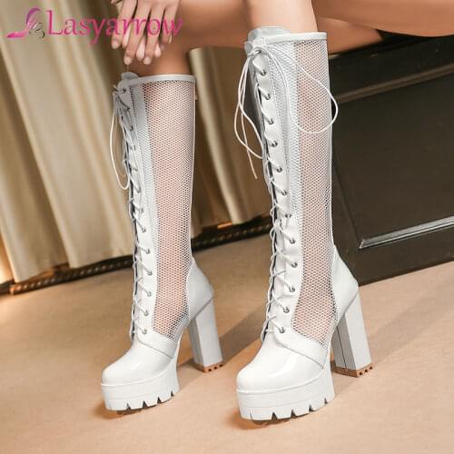Lasyarrow Fashion Women Knee High Summer Boots Round Toe Square Heels Fretwork Party Shoes rome Sexy Women Footwear Size 34-43