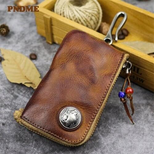 Fashion vintage natural genuine leather mens womens key cases handmade casual high-quality real cowhide card holder coin purse