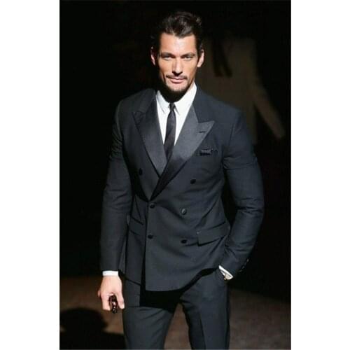 2020 Big Peak Collar Black Men Suits Groomsmen Best Men Wedding Tuxedos Business Men Work/Dinner Party Suits (Jacket+Pants+Tie)