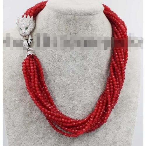 NEW Fashion 10rows 4mm red ead round faceted necklace and leopard clasp 18"