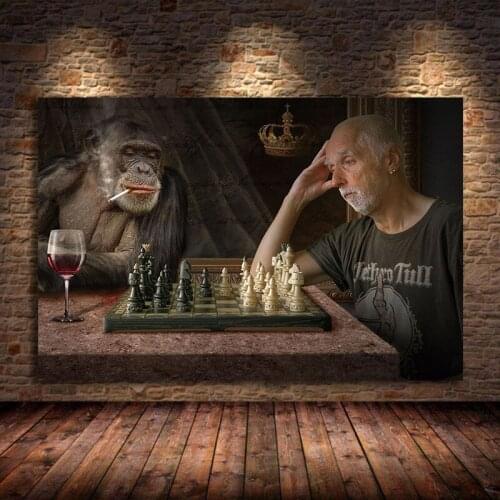 Monkey Playing Chess Creative Art Paintings Print Oil Canvas Art Posters and Prints Black And White Cuadros Animals Art Pictures