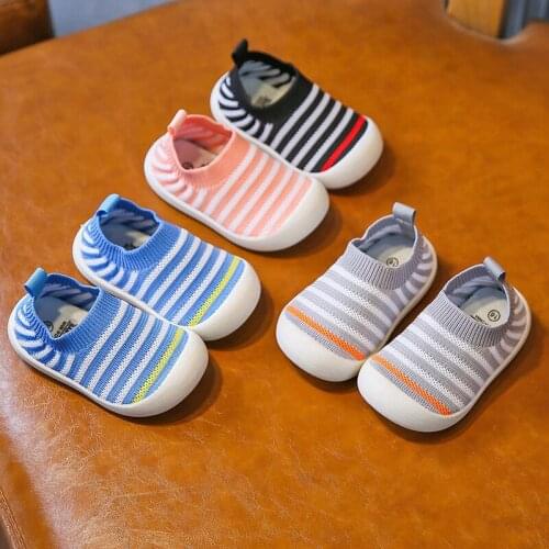 Autumn Toddler Shoes Baby Girls Boys Stripe Casual Knitted Breathable Shoes Non-slip Infant First Walkers SCW027