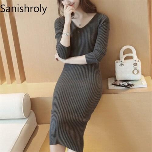 Sanishroly 2018 Autumn Winter Women Long Sweater Dress V-Neck Pullover Knitted Dresses Ladies Casual Bodycon Dress Vestidos S118