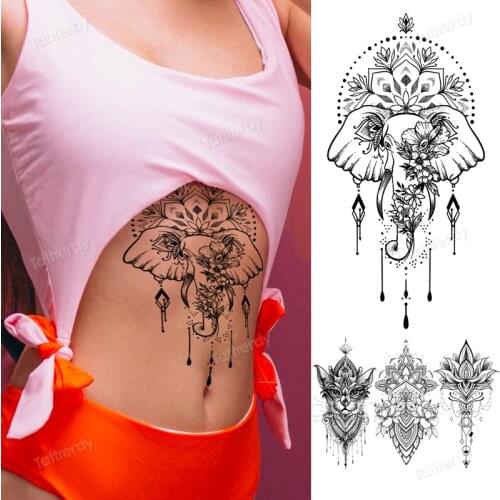 Fake henna temporary tattoo sticker women sexy body tattoo mandala black lace arabic tattoo underboob breast waterproof for girl
