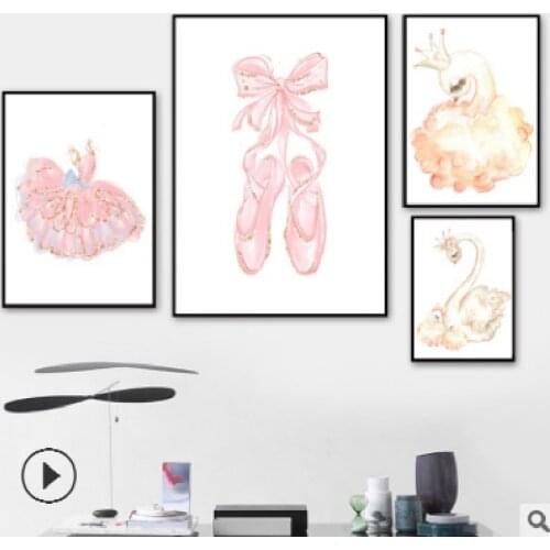 Nordic Modern Ins Cartoon Animal Decoration Canvas Painting Pink Ballet Skirt Swan Childrens Room Oil Painting Anime Poster
