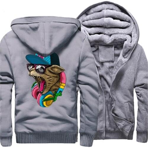 Crazy Music D J Cat Printed Animal Hoodies Sweatshirts Men 2020 Winter Warm Fleece Hip Hop Streetwear Thick Brand Mens Hoodie