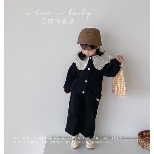 2021 Spring Girls Lace Lapel Cardigan Coat Wide Leg Pants Two Piece Sets Children Clothes