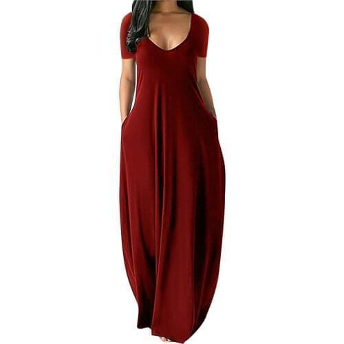 Vintage Women Summer Dress Casual Plus Size Solid V-neck Pockets Short Sleeve Long Dress harajuku Pockets Sundress Платье