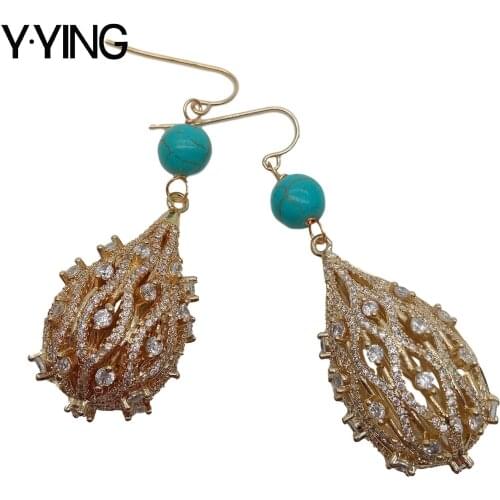 Y·YING Blue Turquoises Teardrop Cubic Zirconia Pave gold color plated dangle Hook Earring vintage style for women