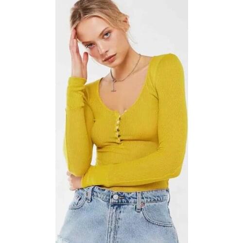 Women Button Front Ribbed T-shirt 6 Colours Fitted Rib Long Sleeve Top