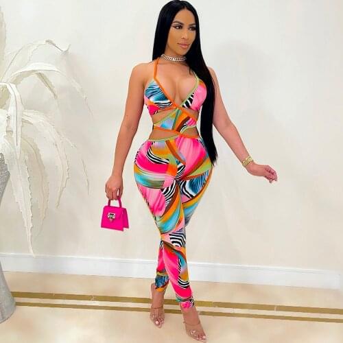 2021 Women Tie Dyeing Printed Patchwork Skinny Rompers Sexy Halter Hollow Out Front Jumpsuit Female Streetwear Bodycon Playsuit