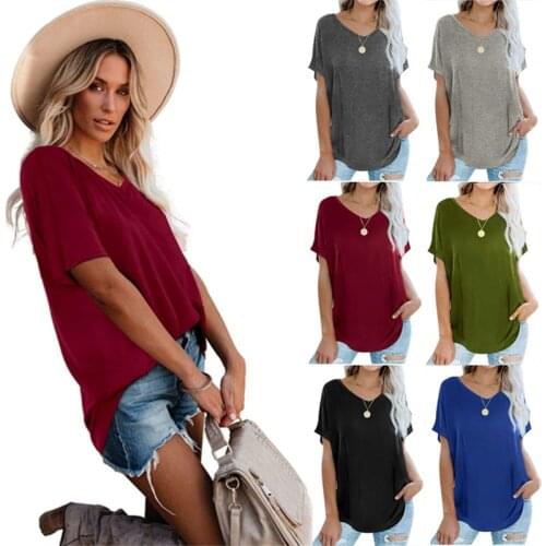 2021 Summer Womens V-neck Short Sleeve Pullover Solid Color Casual T-shirt Lady Fashion Clothes Street Loose Tee Shirt Femme