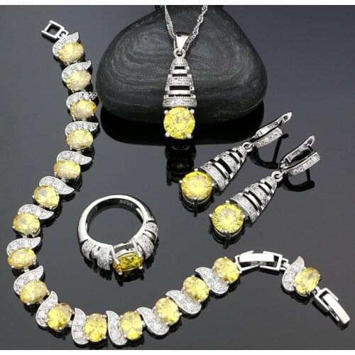 Silver 925 Jewelry Sets for Women Yellow Cubic Zirconia White Crystal Drop Earrings Pendant Necklace Ring Bracelet Set