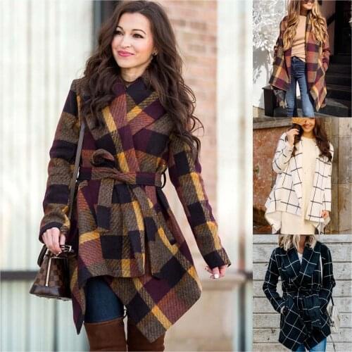 Womens wool plaid coat 2020 autumn and winter new long-sleeved lapel loose belt elegant mid-length women clothing tweed jacket