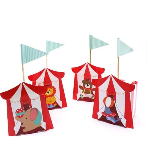 12pcs Circus Troupe Animals Candy Box with Flag Boy Kids Baby Shower Birthday Wedding Party Supplies Red White Strips Gift Box