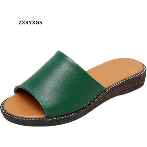 2021 New Fish Mouth High Quality Soft Genuine Leather Sandals Women Slippers Flat Soft Sole Comfortable Slippers Casual Sandals