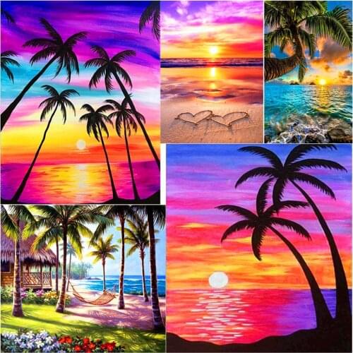 5D Diamond Painting Island Sunset Coconut Tree DIY Round Full Diamond Landscape Embroidery Kit Home Decoration Crafts
