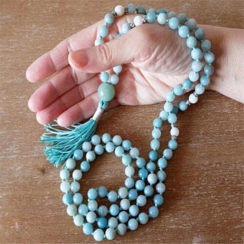 8mm Aquamarine Gemstone Mala necklace Tassel 108 Beads Bless Buddhism Unisex Sutra Hot natural Fancy Wristband Lucky Veins pray
