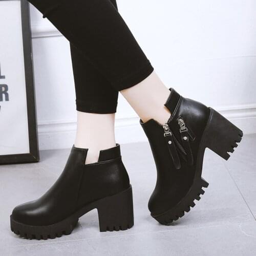 Block Heel Platform Boots Women Winter Shoes 7.5CM High Heels Boots Women New Fashion Zippers Leather Boots Botas Plataforma