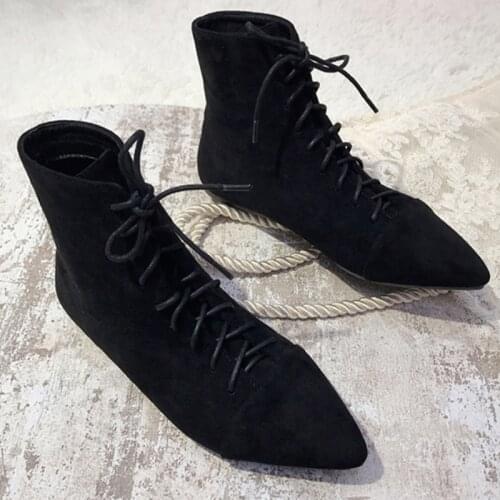 Pointed toe lace-up flock socks boots flat scrub short Chelsea booties women plush warm winter snow bottes solid bare boots 2020