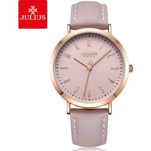 Julius Watch Brand New Original Designer Quartz Simple Women-watches Large Dial Pink Leather Strap Female Clock Montre JA-1017