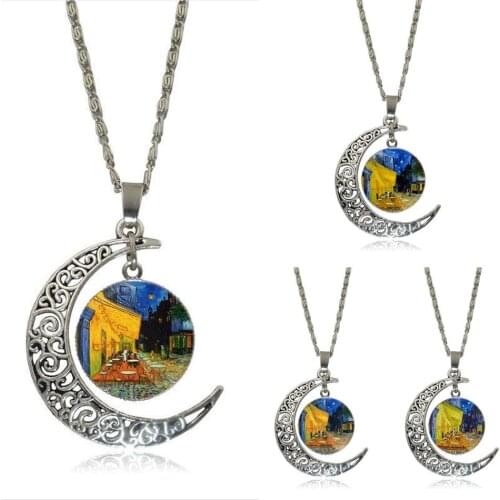EJ Glaze Van Gogh Cafe Terrace Necklace Fashion Long Chain With Crescent Shaped Necklace Jewelry For Women Jewellery