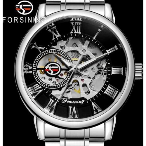 FORSINING Men Wristwatch Military Sport Male Clock Top Brand Luxury Silver Stainless Steel Skeleton Man Mechanical Watch 8099