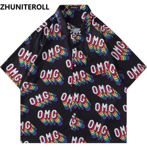 2021 Shirt Hawaiian Harajuku OMG Letter Print Beach Shirt Men Pocket Hip Hop Summer Short Sleeve Fashion Aloha Shirt Streetwear