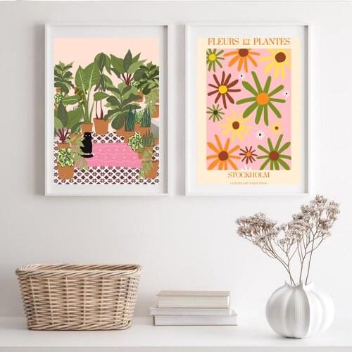 Fleurs Et Plantes Print Canvas Paintings, Abstract Flower Poster Aesthetic Lving Room Decor Plant With Cat Modern Wall Pictures